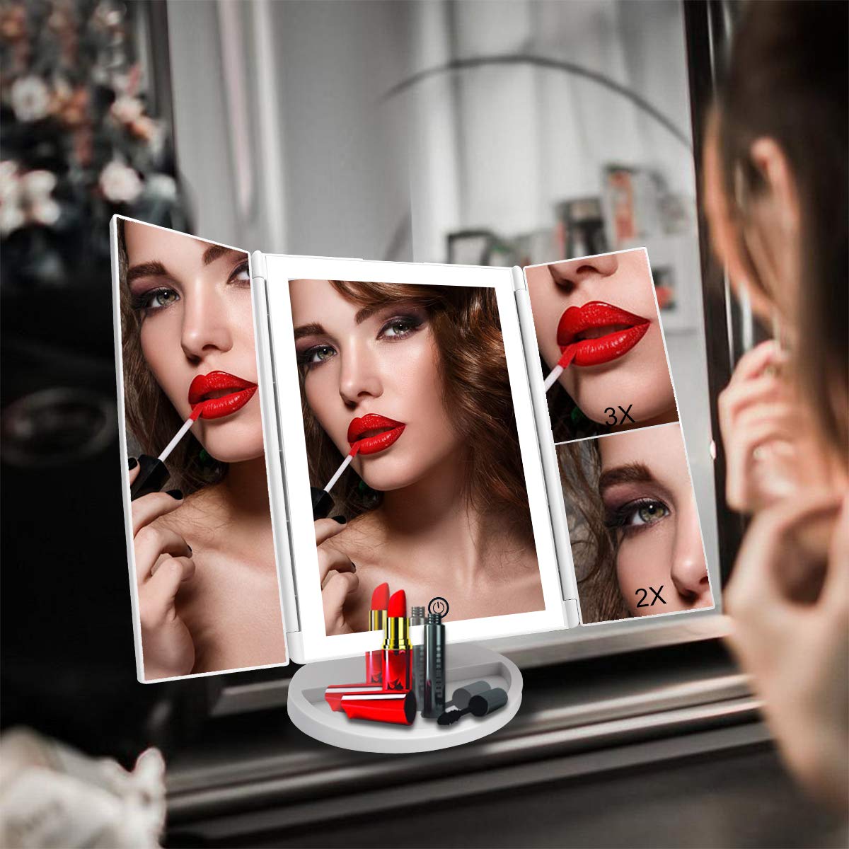 WEILY Makeup Vanity Mirror with LED Lighting and Touch Screen, Tri-Fold 1x 2X 3X Magnification,180° Adjustable Rotation, Dual Power Supply, Countertop Cosmetic Mirror (White)