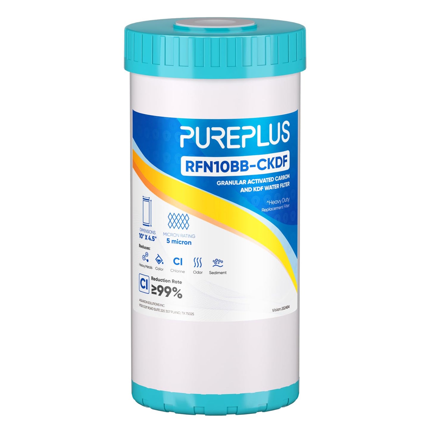PUREPLUS 5 Micron 10" x 4.5" Whole House KDF/GAC Water Filter, Heavy Metal Removal Replacement Water Filter, RFN10BB-CKDF, 1PACK