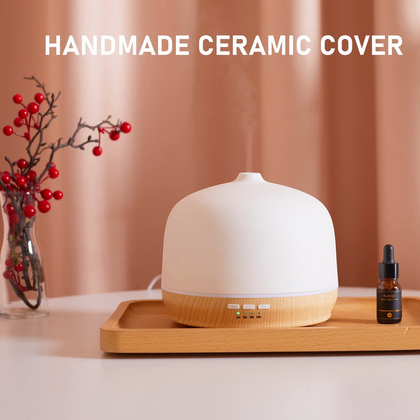 Aromatherapy Essential Oil Diffusers for Home Large Room, Ceramic Scent Air Diffuser Ultrasonic Aroma Diffuser 500ml with Timed—Wood