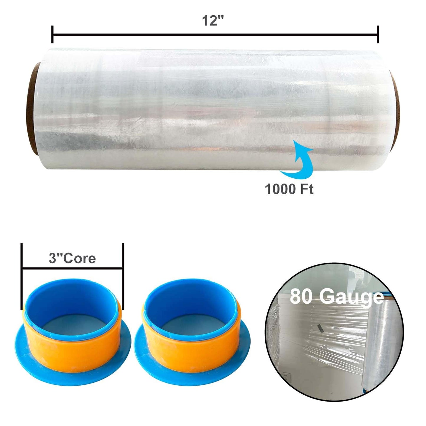 ROSEUP Stretch Wrap Film with Handles 12" x 1000ft, 80 Gauge Heavy Duty Pallet Wrap, Industrial Stretch Film for Moving, Packing & Shipping, 2 Pack
