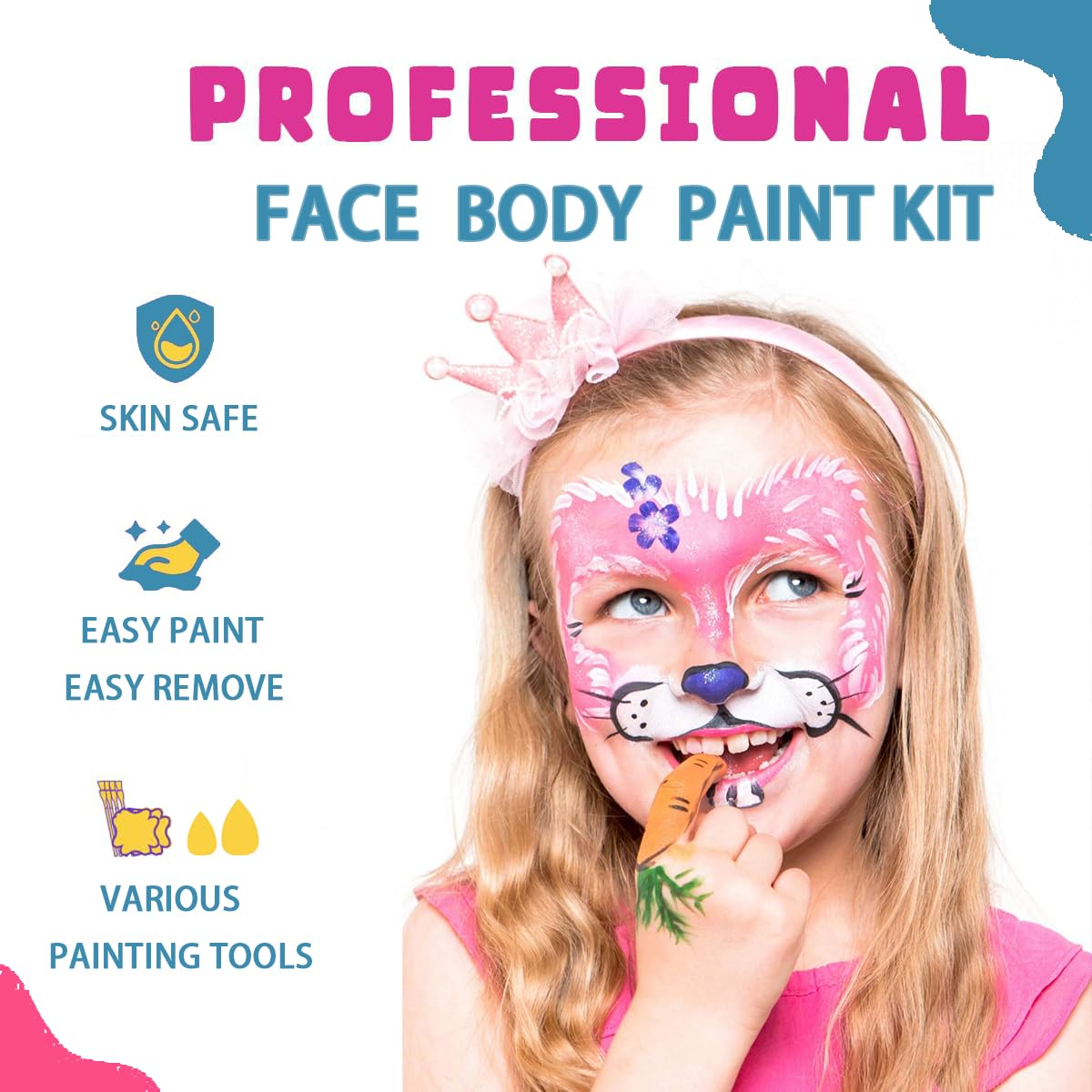Face Painting Kits for Kids Adults Party Professional Split Cake Palette Water Actived Body Paint for Skin with Brushes Sponges Stencils Non-Toxic & Washable for Birthday Children's Day