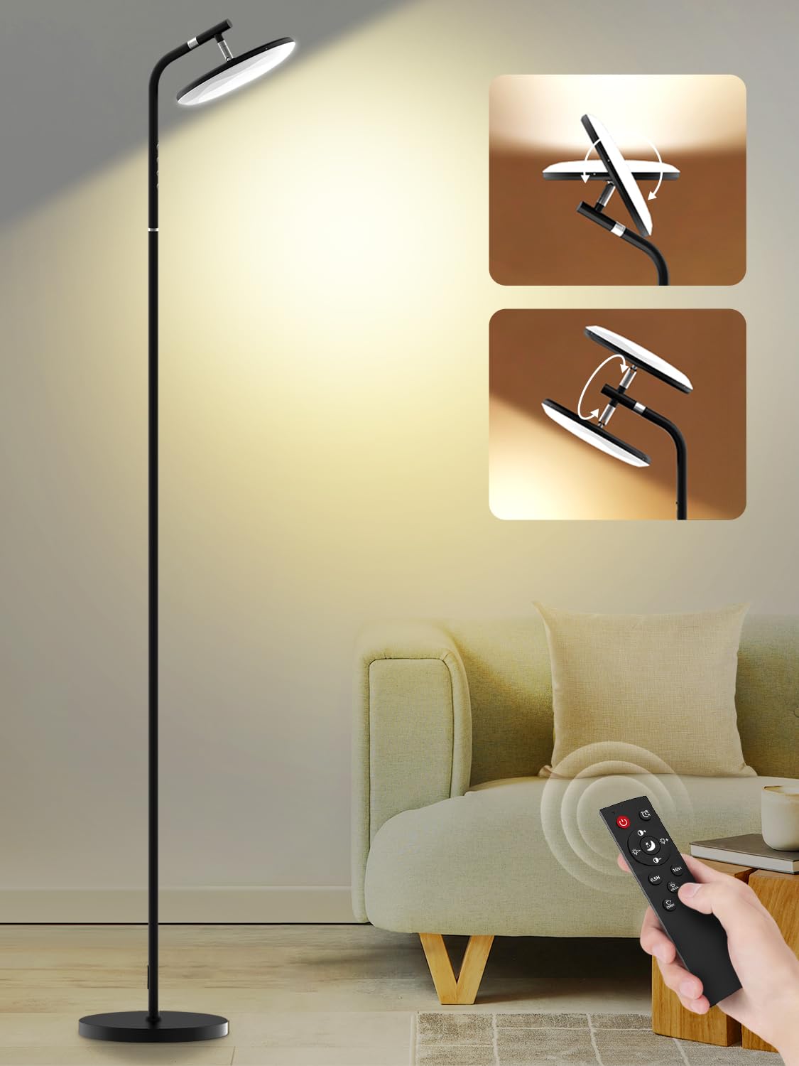 LED Floor Lamp, 32W/3200LM Super Bright Floor Lamps for Living Room with Remote Control, Modern Stepless Dimmable, 67" Tall Standing Lamp, 350ยฐ Rotating Head Reading Lamp for Bedroom, Office, Black