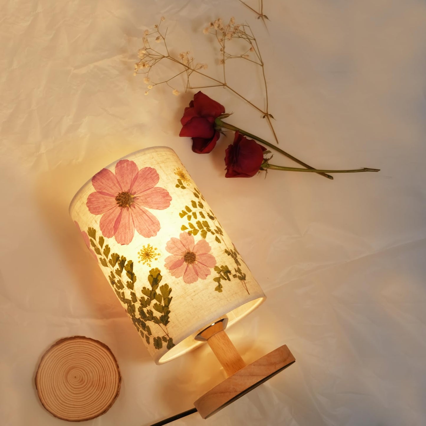 Floresita Dried Flowers Table Lamp 9W LED Dimmable Warm Light Pressed Flower Bedside Lamp Linen Shade with Wood Base for Bedroom Living Room Desk Office