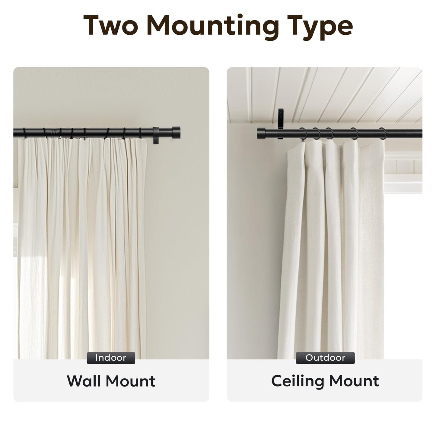 Zeerobee Curtain Rods for Windows 48 to 84, 1 Inch Black Heavy Duty Drapery Rods with Adjustable Length, Outdoor Modern Curtain Pole with Simple End Caps, 32"-86", Black