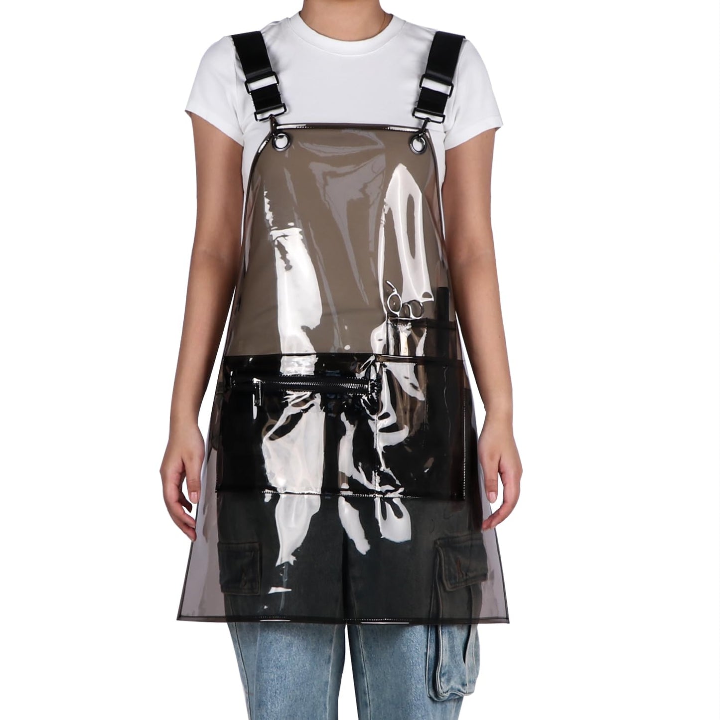 MIKI WELL Updated Hair Stylist Apron,Preventing Hair Pockets- Waterproof Transparent Salon Apron,Multi-pocket with zipper, Black+black Straps, 23.2''W x 25.5''L
