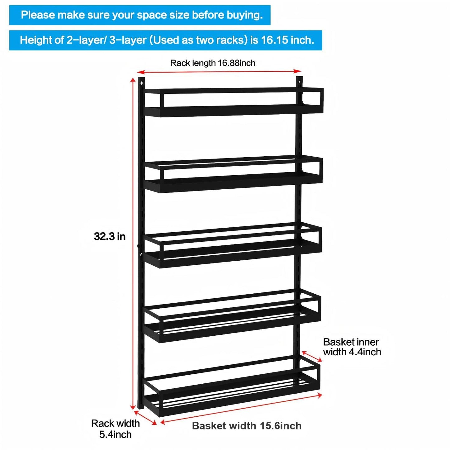 X-cosrack Wall Mount Spice Rack Organizer 5 Tier Height-Adjustable Hanging Spice Shelf Storage for Kitchen Pantry Cabinet Door, Dual-Use Seasoning Holder Rack with Hooks, Black-Patent Pending