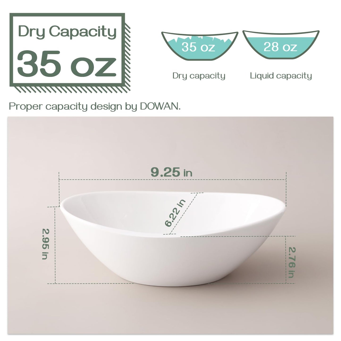 DOWAN 9" Porcelain Serving Bowls, Large Serving Dishes, 36 Ounce for Salads, Side Dishes, Pasta, Oval Shape, Microwave & Dishwasher Safe, Good Size for Dinner Parties, Set of 4, White