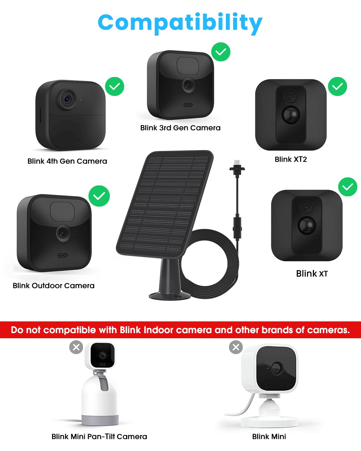 5W Solar Panel Compatible with Blink Outdoor 4(4th Gen)/Blink Outdoor(3rd Gen) XT3 & Blink XT2/XT Camera, Blink Solar Panel Charger with 13.1ft Cable Rubber Plug, IP65 Waterproof, Secure Mount, 4 Pack