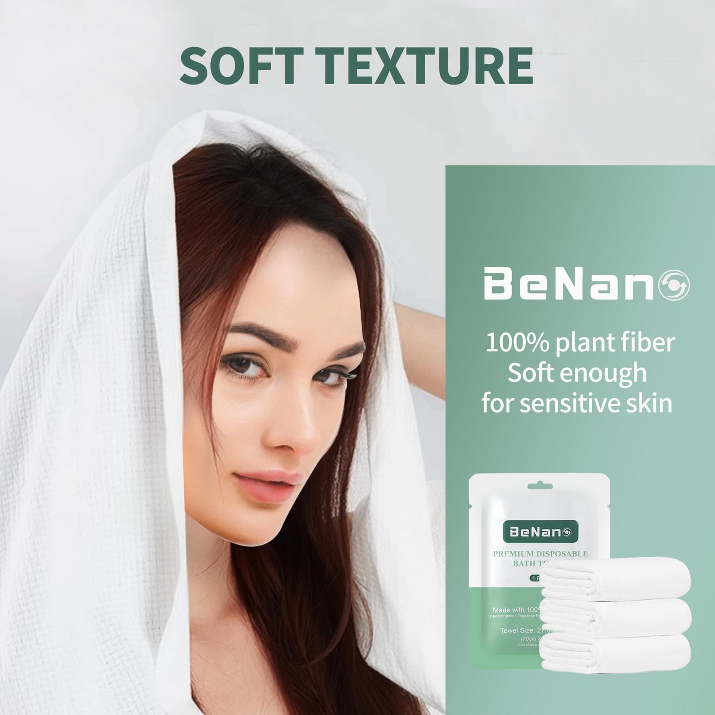 Benano Premium Disposable Towel, 100% USDA Biobased 55 in x 27.5 in Large Bath Towel Travel Towel Washcloth Reusable for Hotel Camping Sports Hiking Beach Massage Salon Gym Biodegradable (20 Pack)