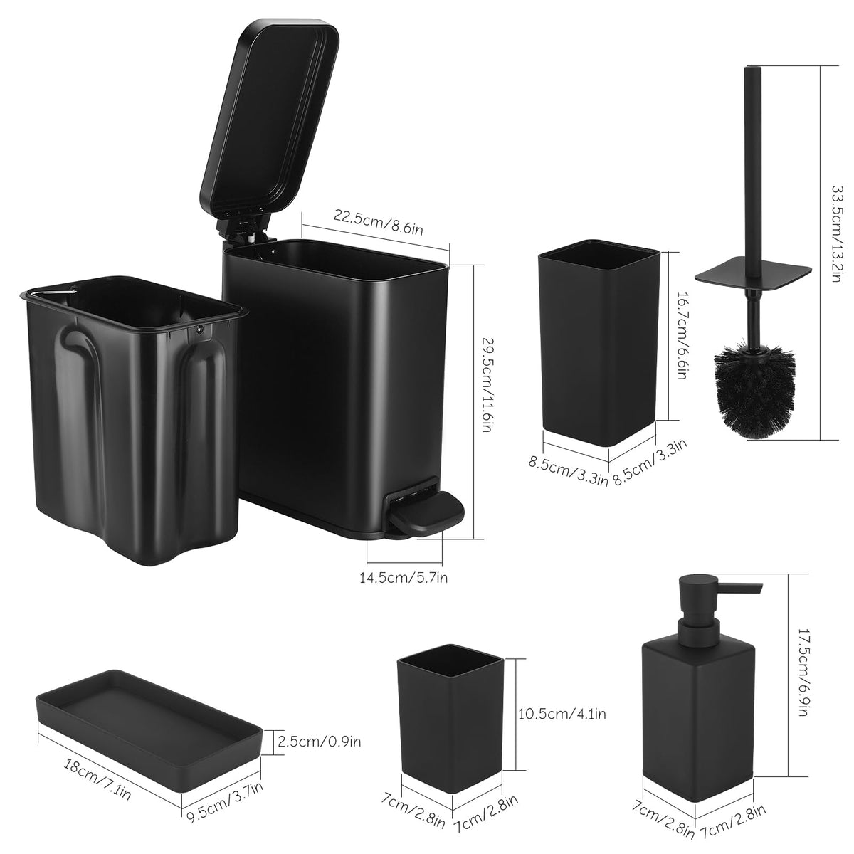 GAHEFY 5-Piece Bathroom Accessory Set with Stainless Steel 5L Soft-Close Trash Can, Toilet Brush with Holder, Soap Dispenser, Toothbrush Holder & Tray, Matte Black Bathroom Organizer
