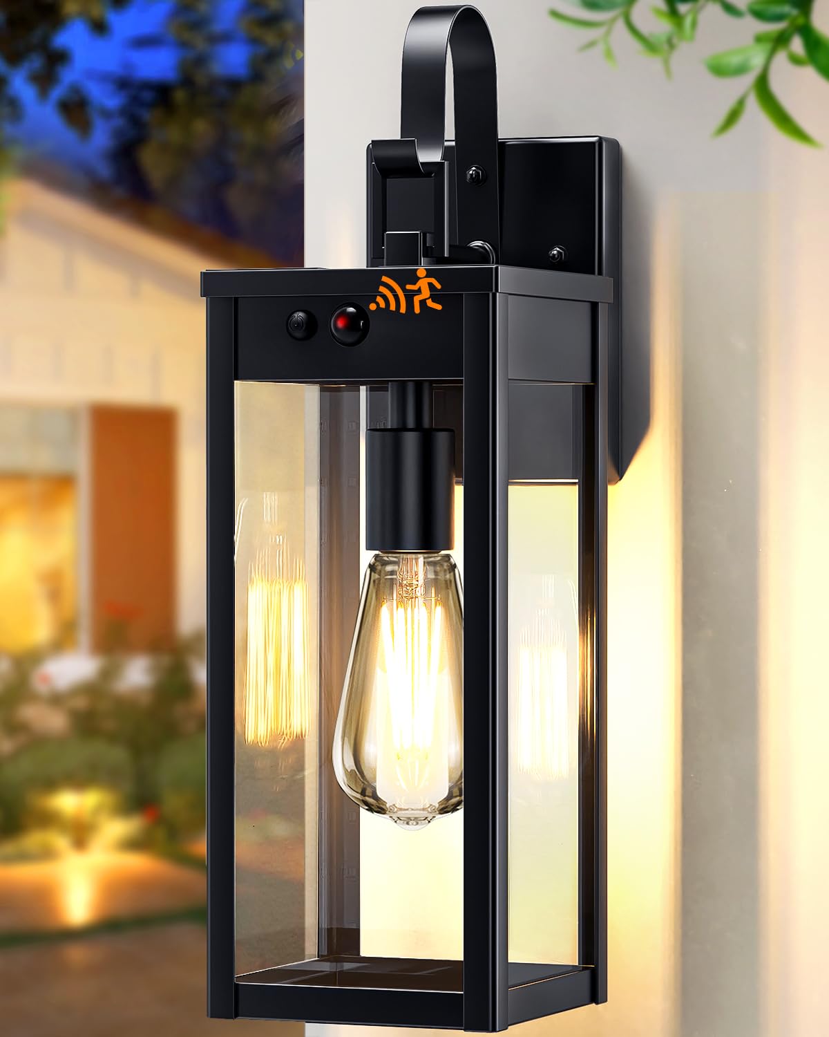 17'' Solar Porch Lights Outdoor, Waterproof Motion Lights for Outside, Black Dusk to Dawn Outdoor Lighting Modern Wall Sconce Lantern, Exterior Lighting Fixtures for House Patio Garage, 1 Pack