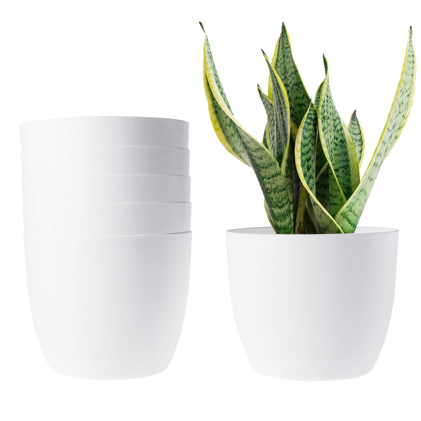 T4U 7 Inch Self Watering Planters Plastic, Modern Decorative Flower Pot Window Box for All House Plants, Flowers, Herbs, African Violets, Succulents - White, Set of 6