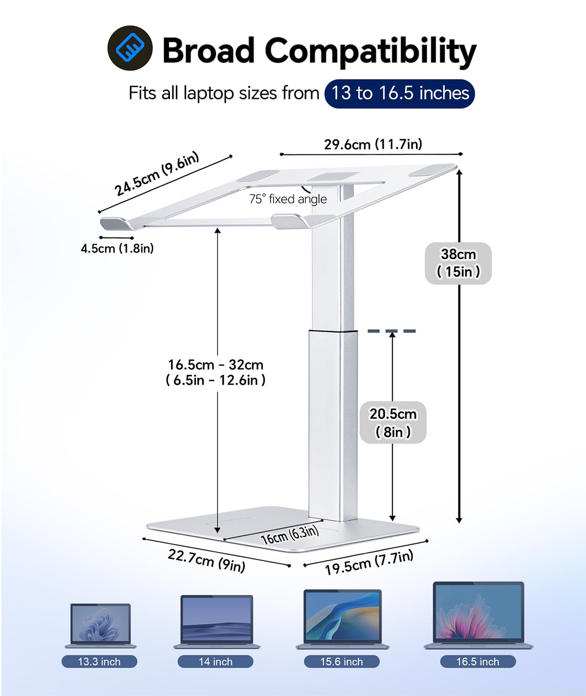 Supamir Adjustable Laptop Stand for Desk, DJ Laotop Riser, Ergonomic Small Sit to Stand Desk Converter, Support Working on Computer Standing, Compatible with MacBook and All 13"-16.5" Laptops, Silver