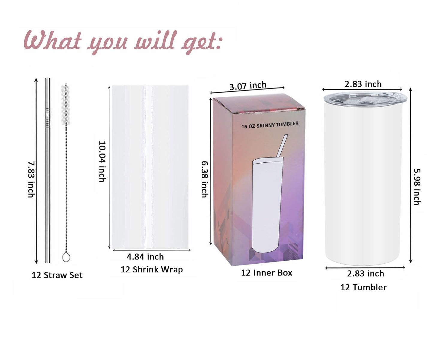 Wzaytia 15 Oz Sublimation Tumblers Blank (12 Pack), Skinny Straight Kids Tumblers Bulk, Individually Gift Boxed, White Tumblers
