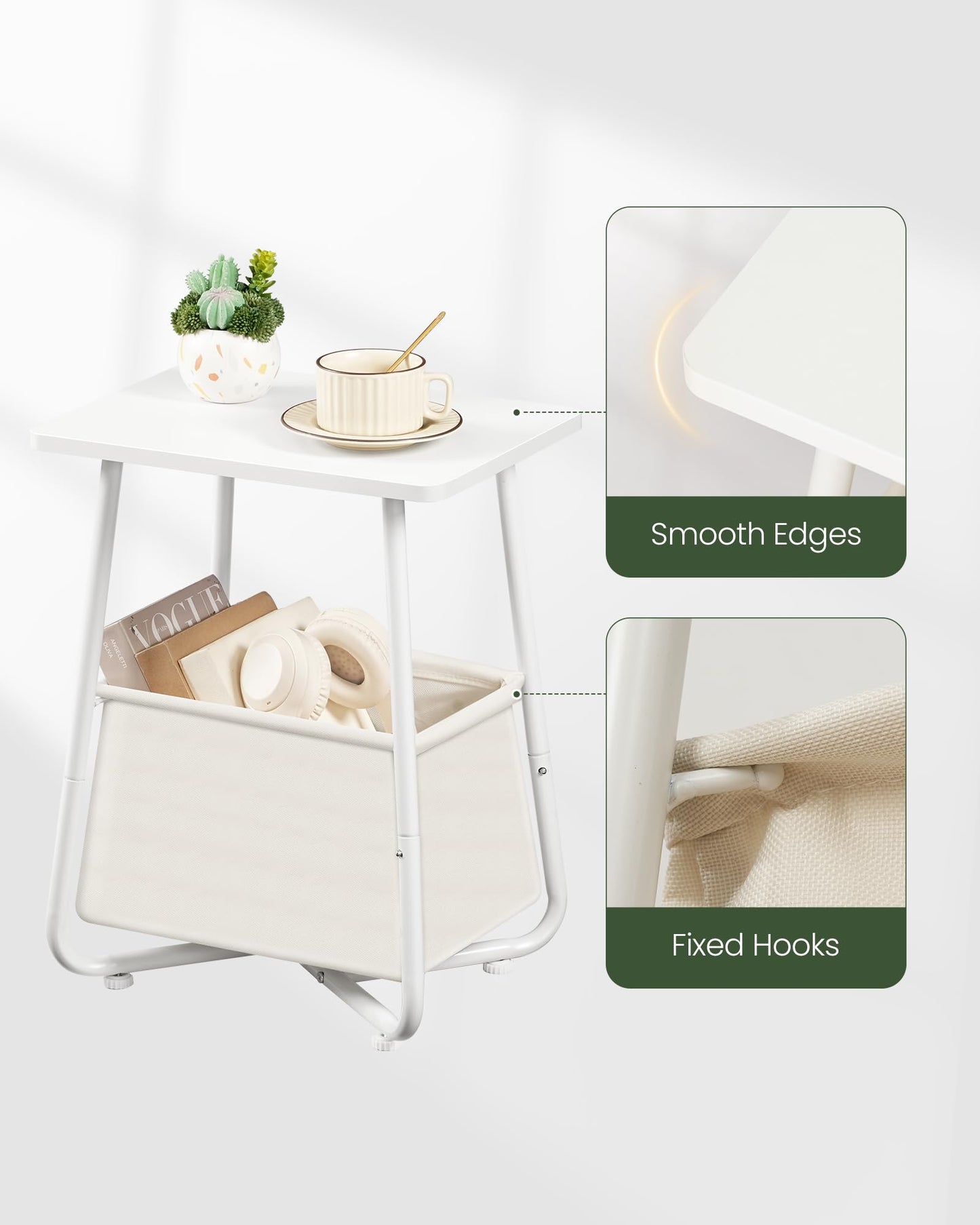 CHOEZON Side Table, Small End Table with Detachable Oxford Fabric Basket, Nightstand for Small Space, End Table, for Nursery, Living Room, Bedroom, White TBZ13WB