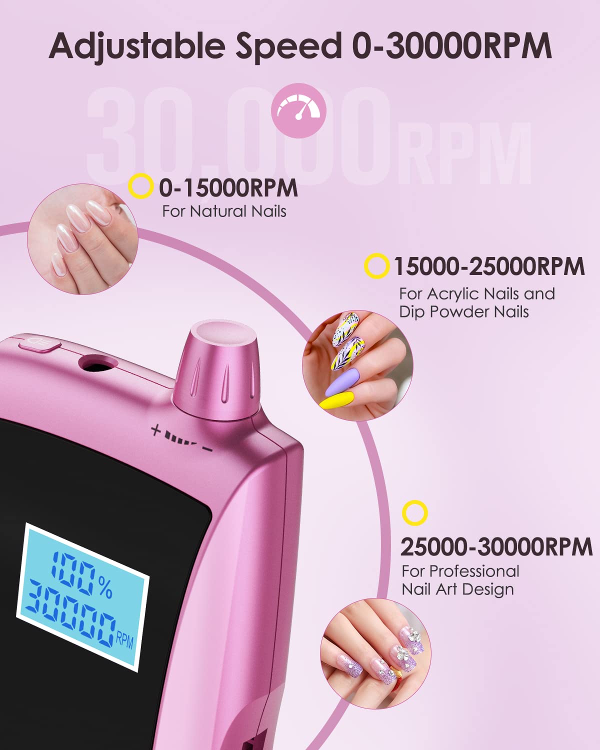 Beloving Rechargeable Portable Nail Drill, 30000rpm Acrylic Nail Drill with LED Display, Professional Electric Nail File Machine Efile Drill for Acrylic Nails, Gel Nails, Cuticle, Manicure, Pedicure, Pink