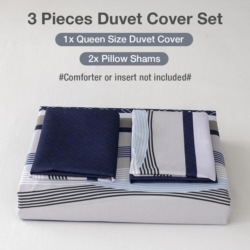 Conworld Duvet Cover Queen, 3 Pieces Bohemian Duvet Cover Sets with 2 Pillowshams, 1 Duvet Cover with Hidden Zipper & Corner Ties, Blue Striped