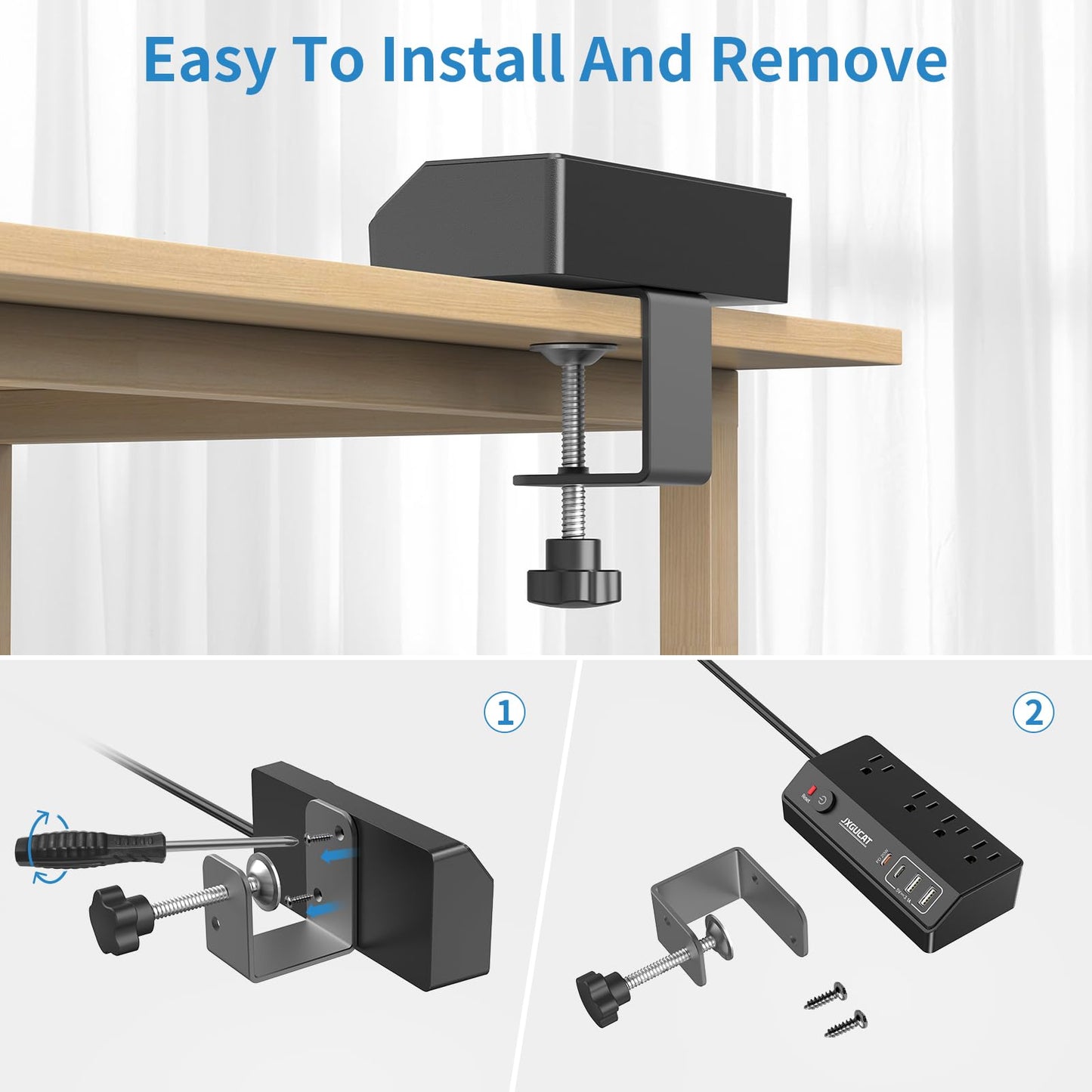 Desk Clamp Power Bar 10Ft with PD 20W USB C, JXGUCAT Black Removable Fast Charging Power Bars with Surge Protector, Extension Cord Power Bar with 4 Outlets 4 USB Ports, Fit 1.8" Tabletop Edge