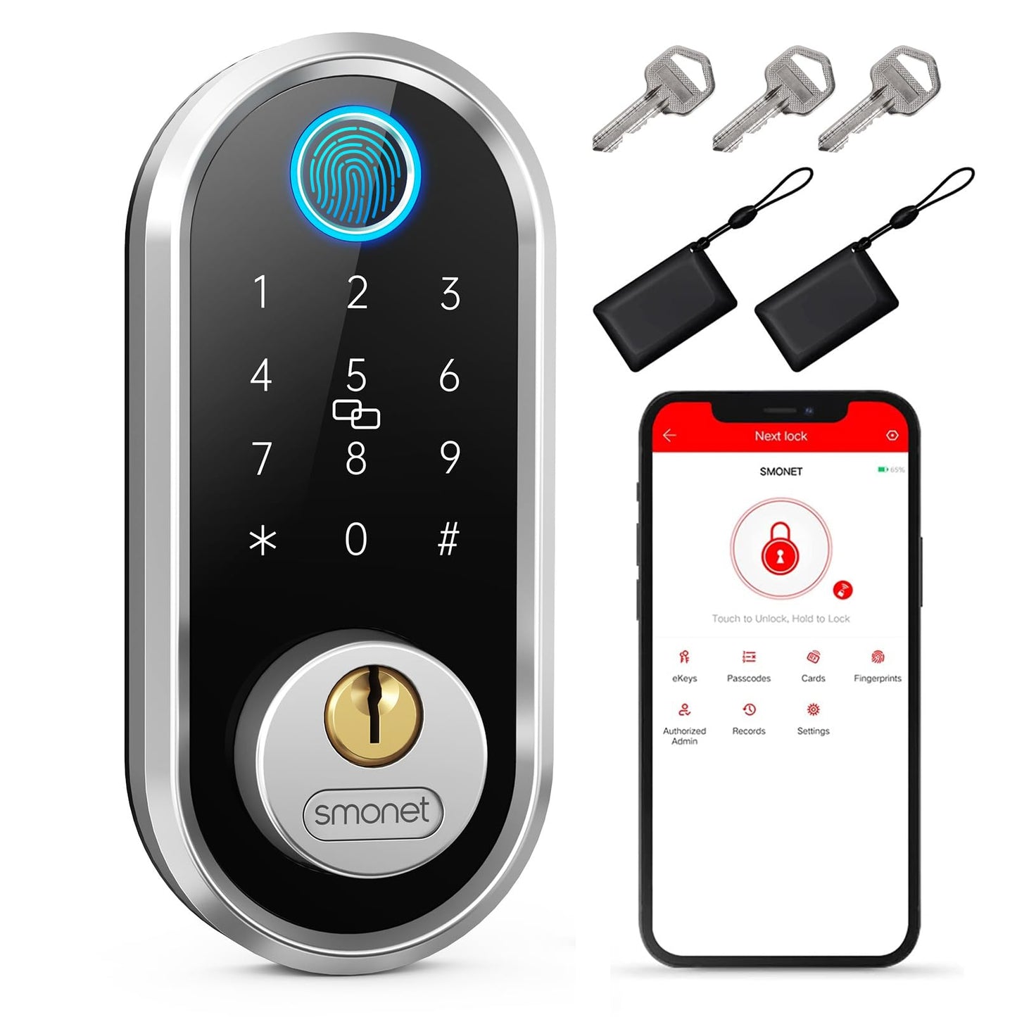 SMONET Smart Lock – Fingerprint Keyless Entry Door Lock with App Control and Touchscreen Keypad, Electronic Biometric Deadbolt for Front Door with Auto Lock, Silver