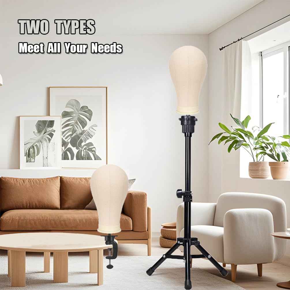 22 Inch Wig Head (White), Wig Stand Tripod with Head, Canvas Block Head Mannequin Head Stand Wig Display Styling Head With Mount Hole, Manikin Canvas Head Block Set for Wigs Making Display with Wig Caps, T Pins C Pins Set Bristle Brush