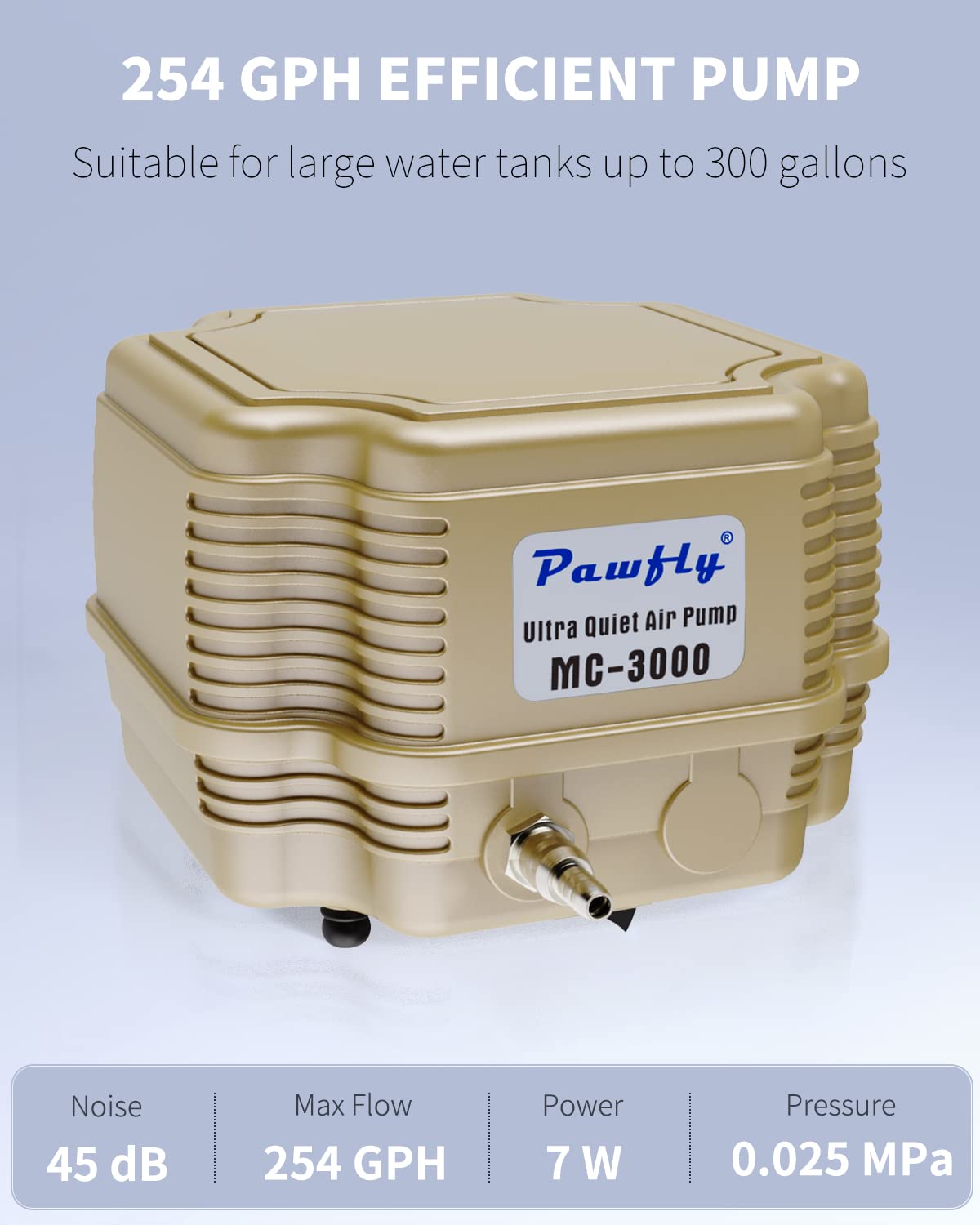 Pawfly 7 W 254 GPH Commercial Air Pump Adjustable Quiet Oxygen Aerator Pump with Air Stones 4 Outlets Manifold and Airline TubingAccessories for Up to 300 Gallon Tank Aquarium Pond