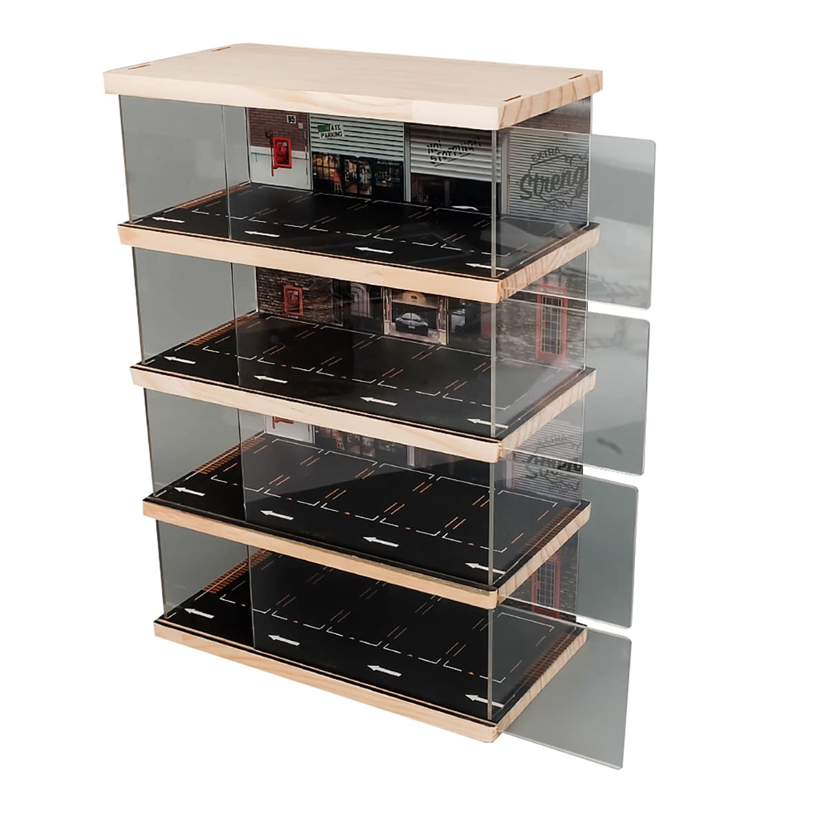 kivcmds 1:64 Scale 4-Tiers Vehicle Model Car Display Case for Sports Car Model Collectors, Display Stand for Alloy Car Model Toy with Parking Lot Scene (4-Tiers Auto Repair Store Scene)