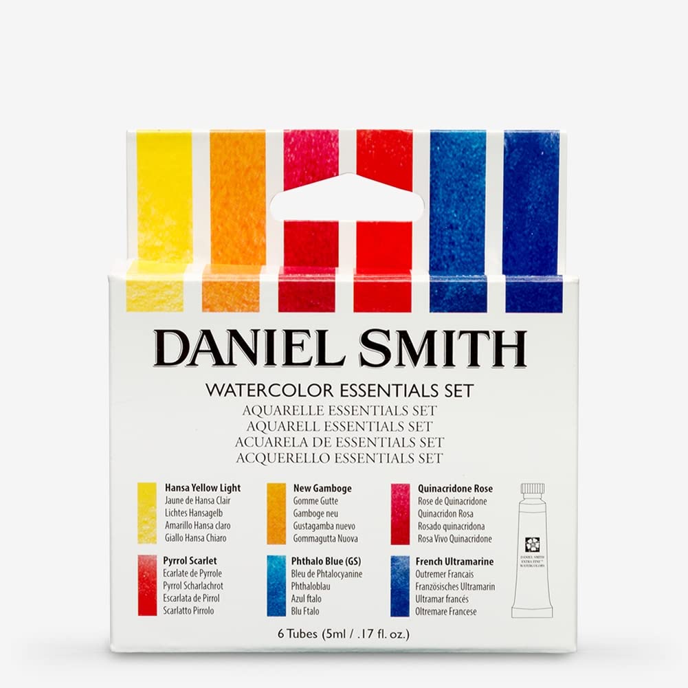 DANIEL SMITH 285610005 Extra Fine Essentials Introductory Watercolor, 6 Tubes, 5ml, Blue/Transparent/Yellow