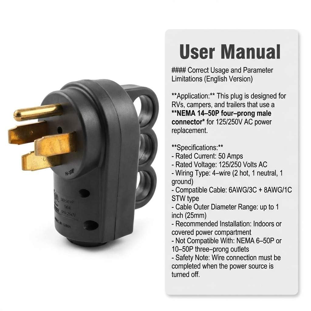 QWORK NEMA 14‑50P 50 Amp 4‑Prong RV Replacement Plug – Plug Only, 2 Pack, Fits 125/250V Camper & Trailer