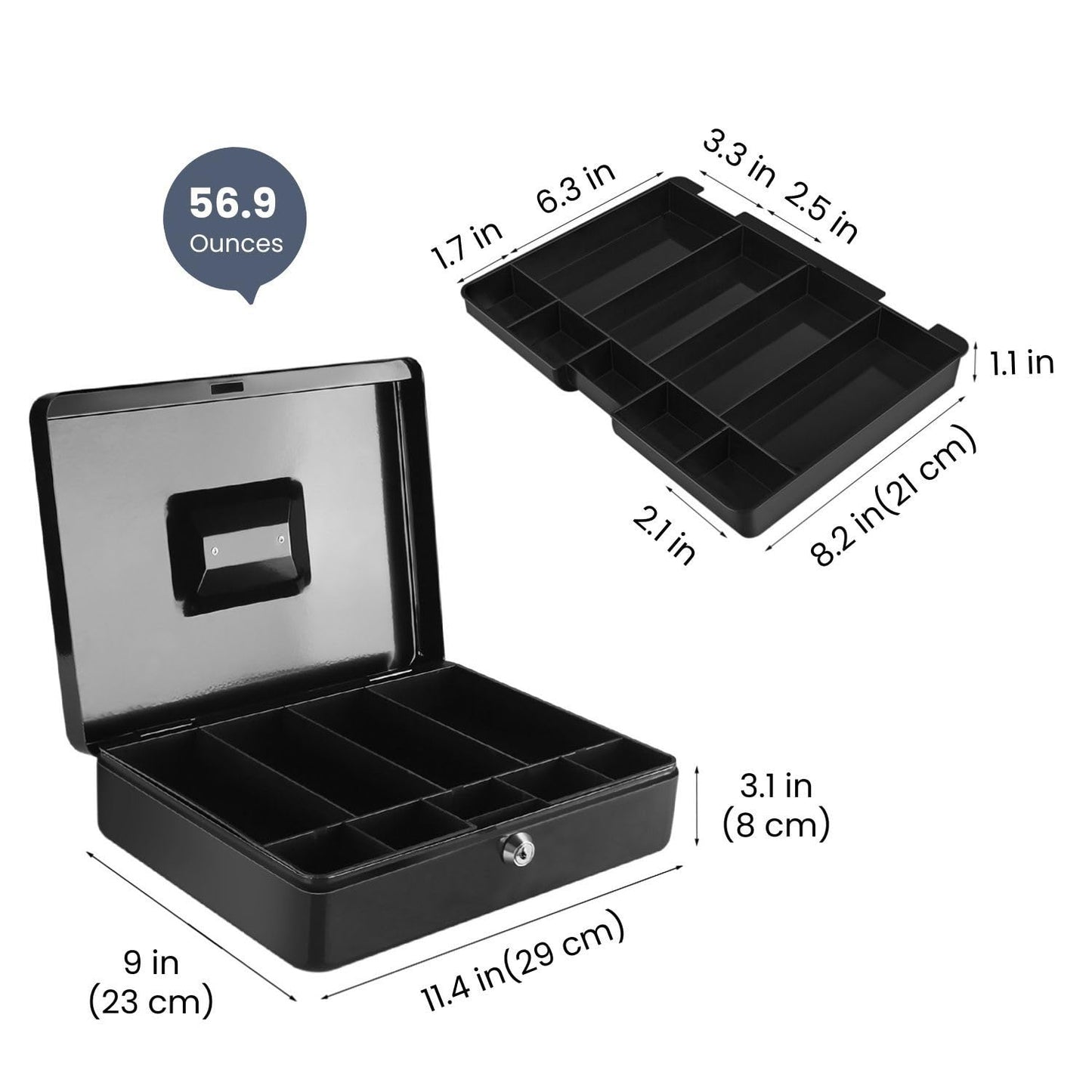 Flexzion Cash Box with Money Tray and Lock - Metal Cash Box for Small Businesses, 9-Compartment Black Money Box with Removable Tray and Key, Portable Storage for Checks and Coins