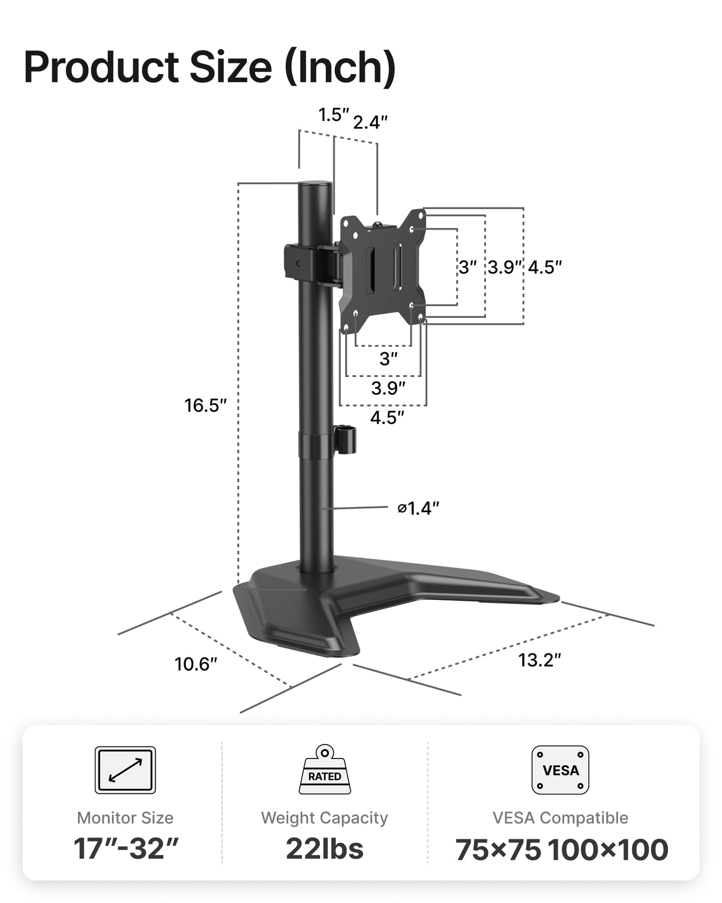 monTEK Stable Single Monitor Stand, Freestanding Monitor Arm for 17 to 32 inch & 22lbs Capacity Screen, Adjustable Height Desk Mount with Swivel and Tilt, VESA 75x75/ 100x100mm