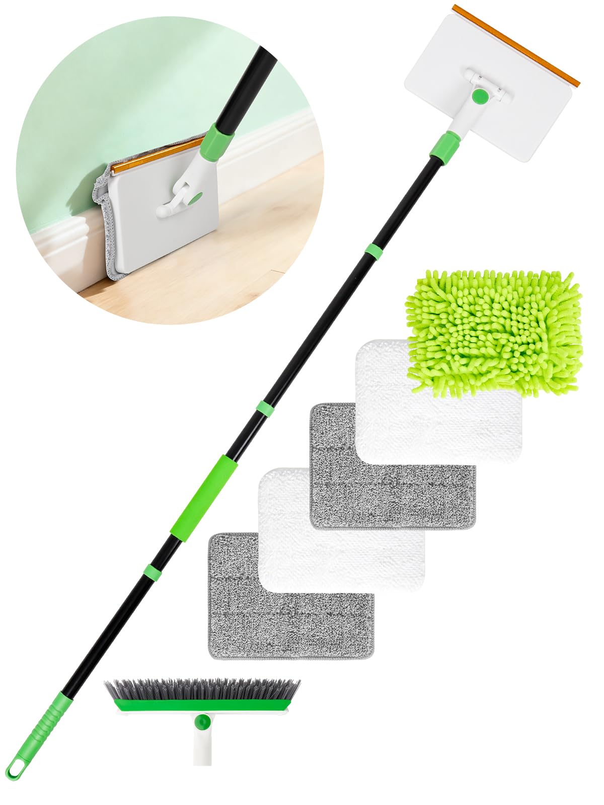 4-in-1 Baseboard Cleaning Tool with Handle 5 Reusable Pads 1 Stiff Bristle Brush Carpet Rake for Pet Hair Removal Baseboard Cleaner Carpet Windows Wall Floor Bathroom Kitchen