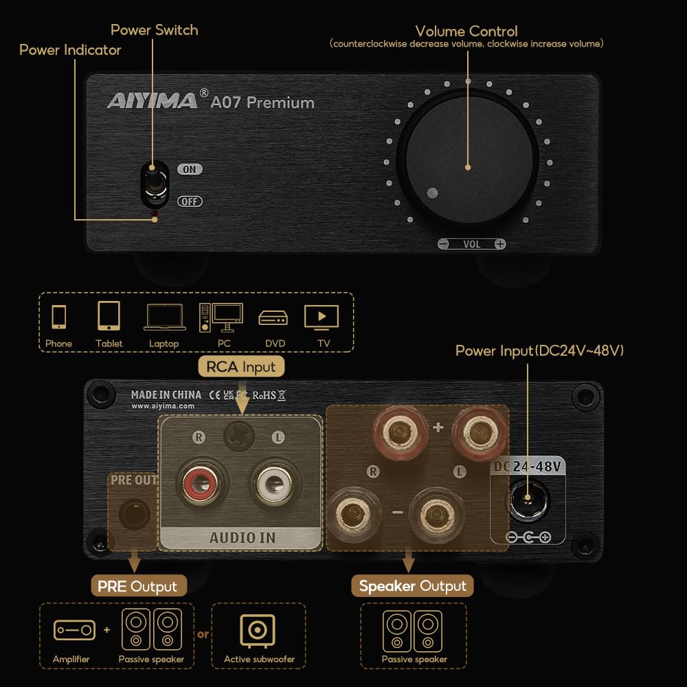 AIYIMA A07 Premium TPA3255 Power Amplifier 300Wx2 HiFi Class D Audio Amp Mini 2 Channel Stereo Amplifier for Passive Speaker Desktop Bookshelf Home Theater System with DC 32V Power Adapter