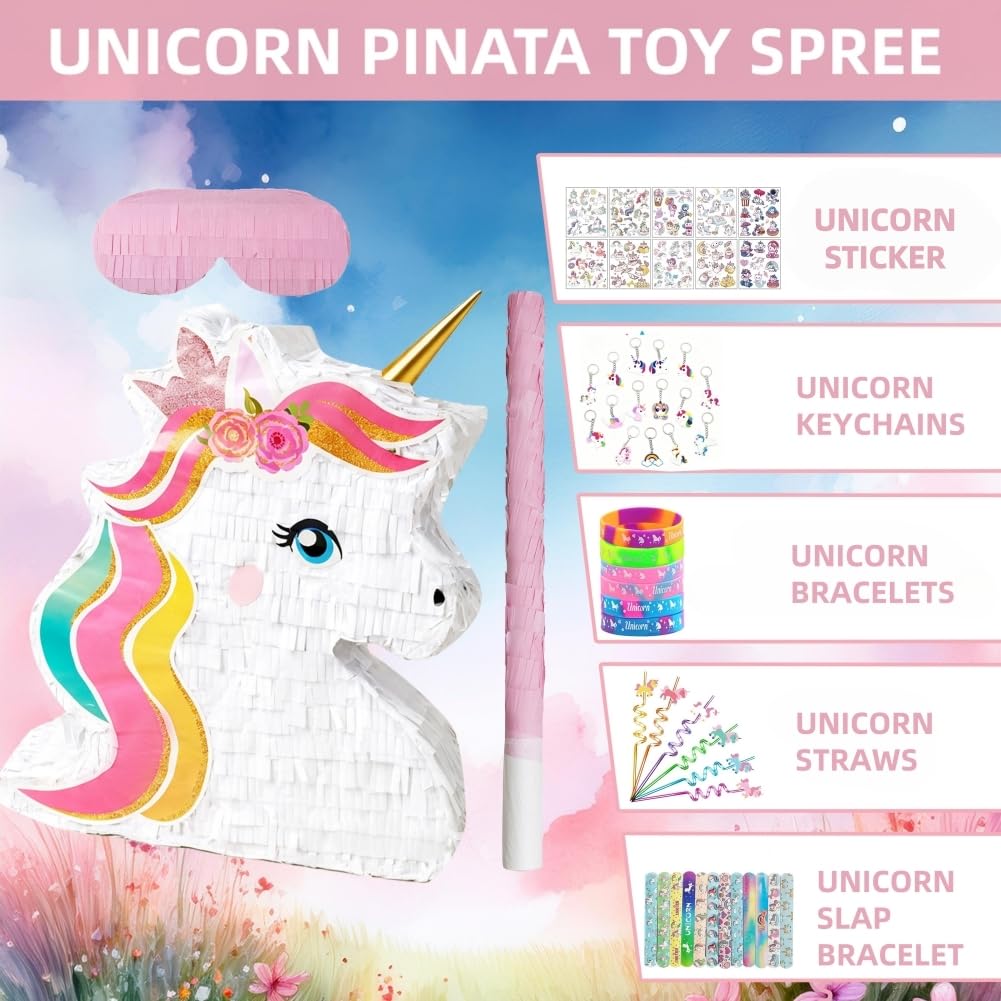 Unicorn Pinata Party Supplies Favors for Girl Birthday Party Unicorn Theme Party Supplies with Unicorn Pinata Headbands Straws Slap Bracelets Keychains Silicone Bands and Stickers (White)
