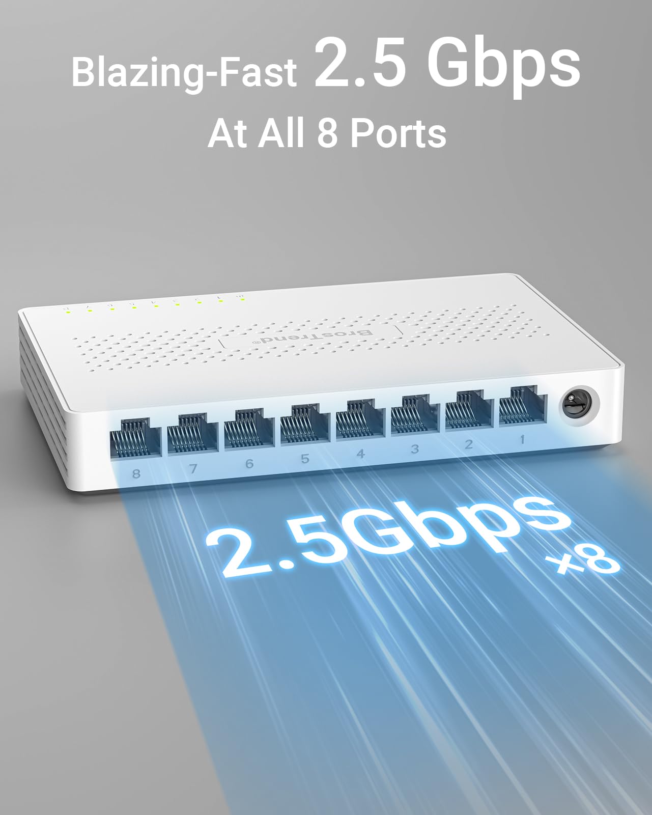 BrosTrend 8 Port 2.5G Network Switch, Unmanaged Ethernet Switch Multi-Gigabit, Ideal for Game Console NAS PC, Plug & Play 2.5Gbps Ethernet Splitter, Fanless, Desktop / Wall-Mount, Lifetime Protection