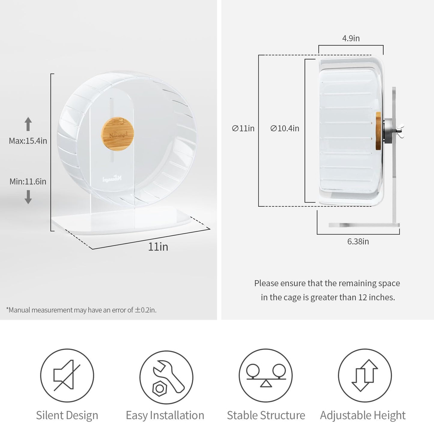Niteangel Super-Silent Hamster Exercise Wheels - Quiet Spinner Hamster Running Wheels with Adjustable Stand for Dwarf Syrian Hamsters Gerbils Mice Or Other Small Animals (Transparent, Large)
