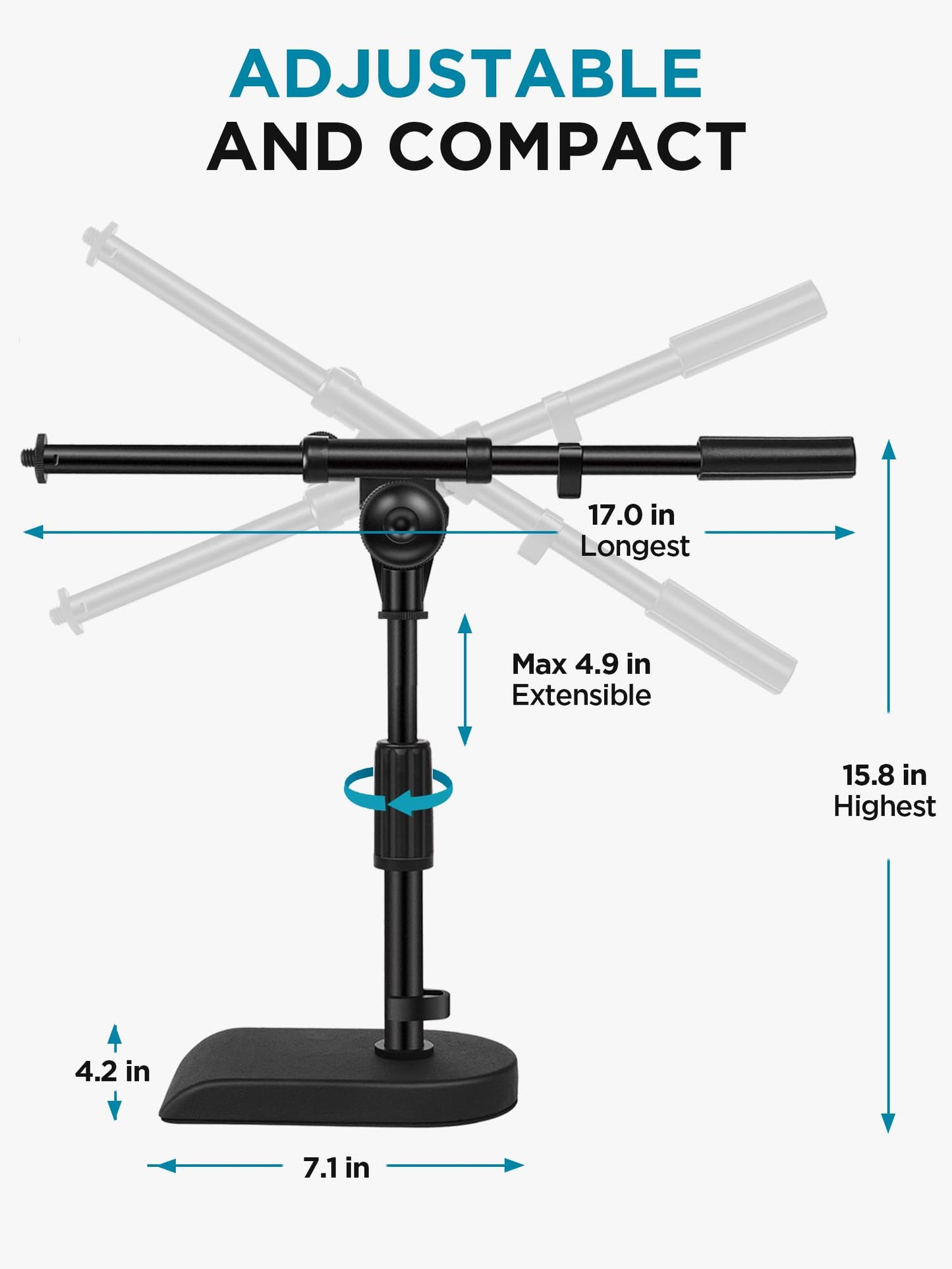 InnoGear Adjustable Desk Microphone Stand, Weighted Base with Soft Grip Twist Clutch, Boom Arm, 3/8" and 5/8" Threaded Mounts for Blue Yeti and Blue Snowball, Kick Drums, Guitar Amps