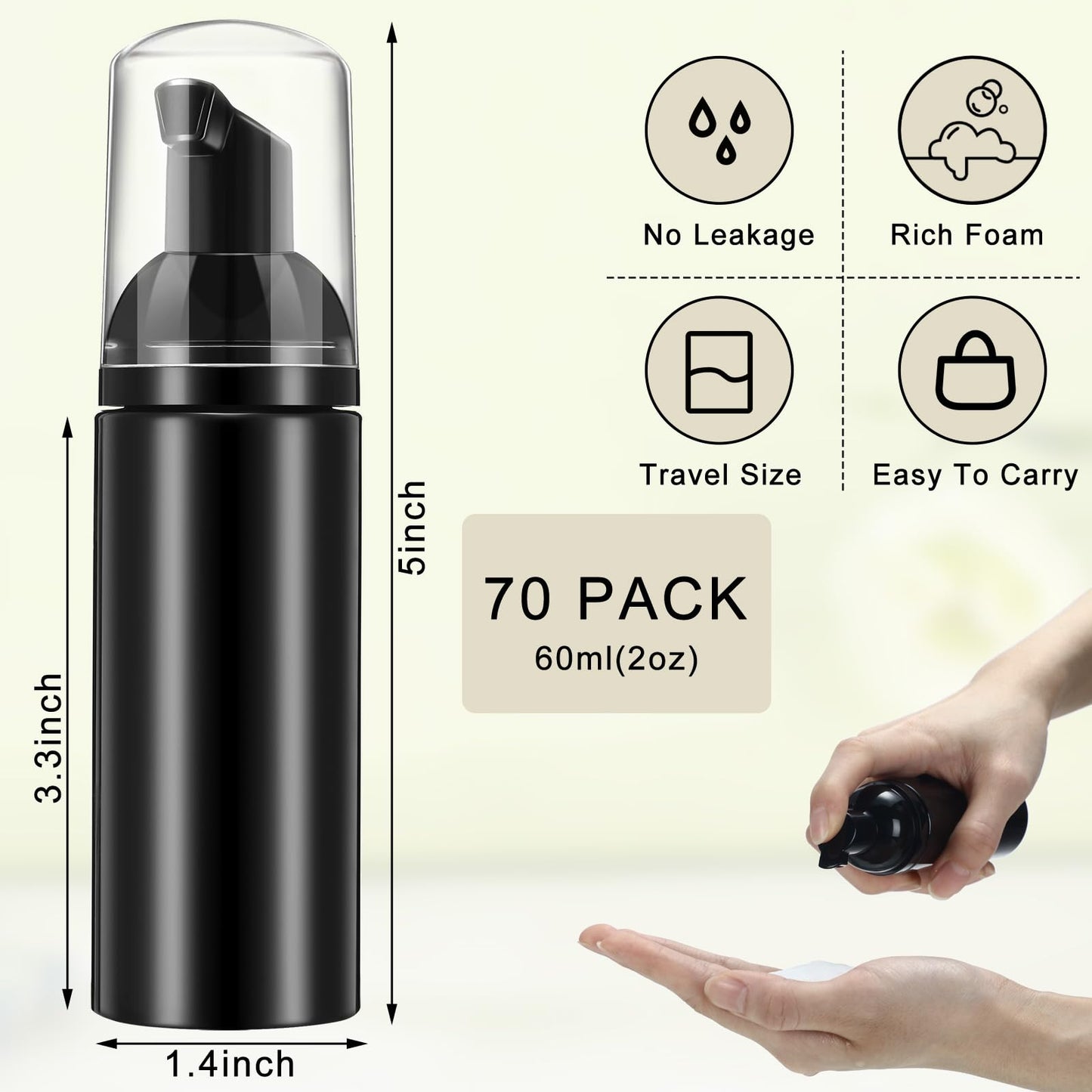 70 Pcs 2 oz Plastic Foam Soap Dispensers Refillable Soap Bottles with Pump Mini Cleaning Foam Pump Bottle Empty Foam Dispenser for Refillable Travel Hand Soap Shampoo Cosmetics (Black)