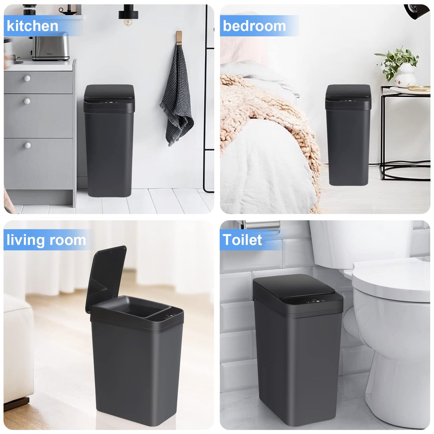 Anborry Bathroom Automatic Trash Can 2 Pack 2.2 Gallon Touchless Motion Sensor Small Slim Garbage Can with Lid Smart Electric Narrow Garbage Bin for Bedroom Office Kitchen (Black)