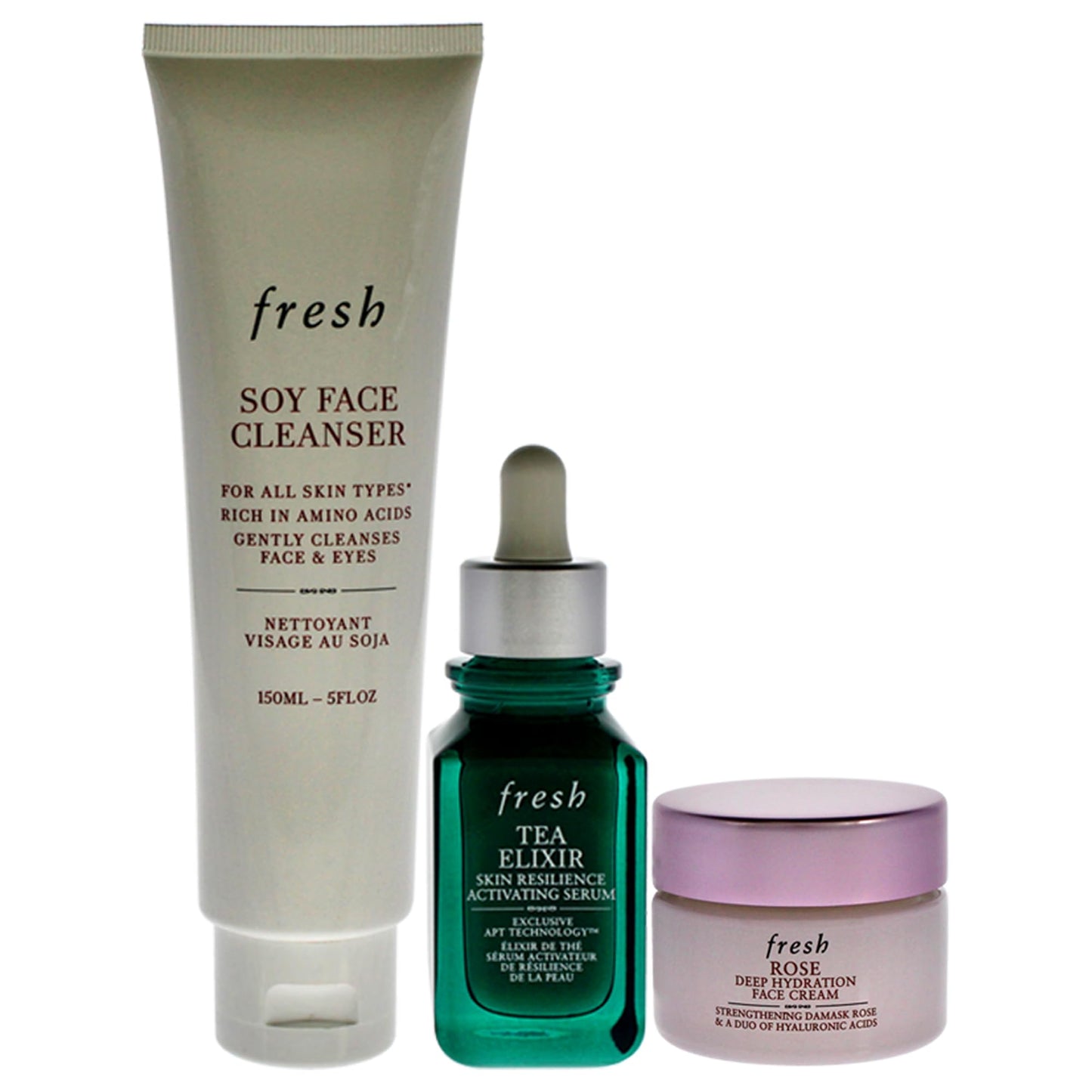 Fresh Resilient Hidrated Skin Trio 5oz Soy Face Cleanser, 1oz Elixir Skin Resilience Activating Serum - Tea, 0.5oz Deep Hidration Face Cream - Rose Women 3 Pc