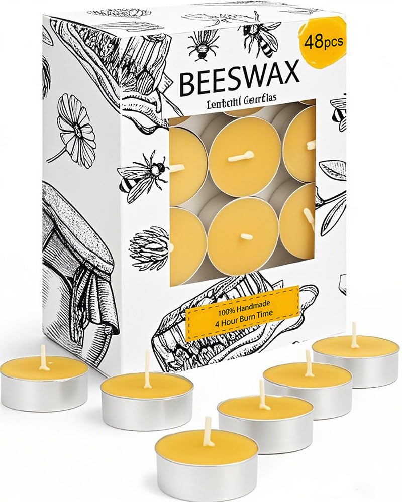 MOSROAD 48 Pack Beeswax Tea Light Candles, 4 Hr Burn Time, Natural Honey Scent, Air Purifying, Aluminum Cup, Standard Size, Unscented