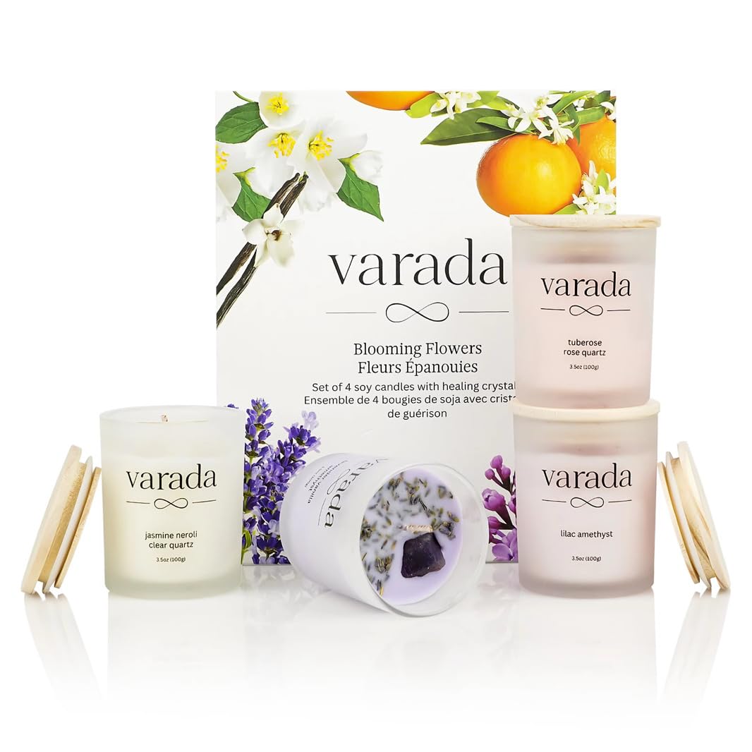 Aromatherapy Soy Candle Gift Set. Healing Crystals and Dried Flowers-90 Hours of Clean Burn. Lavender Vanilla, Rose, Jasmine Neroli, Lilac. Stress Relief. Relaxation. Birthday Gift.
