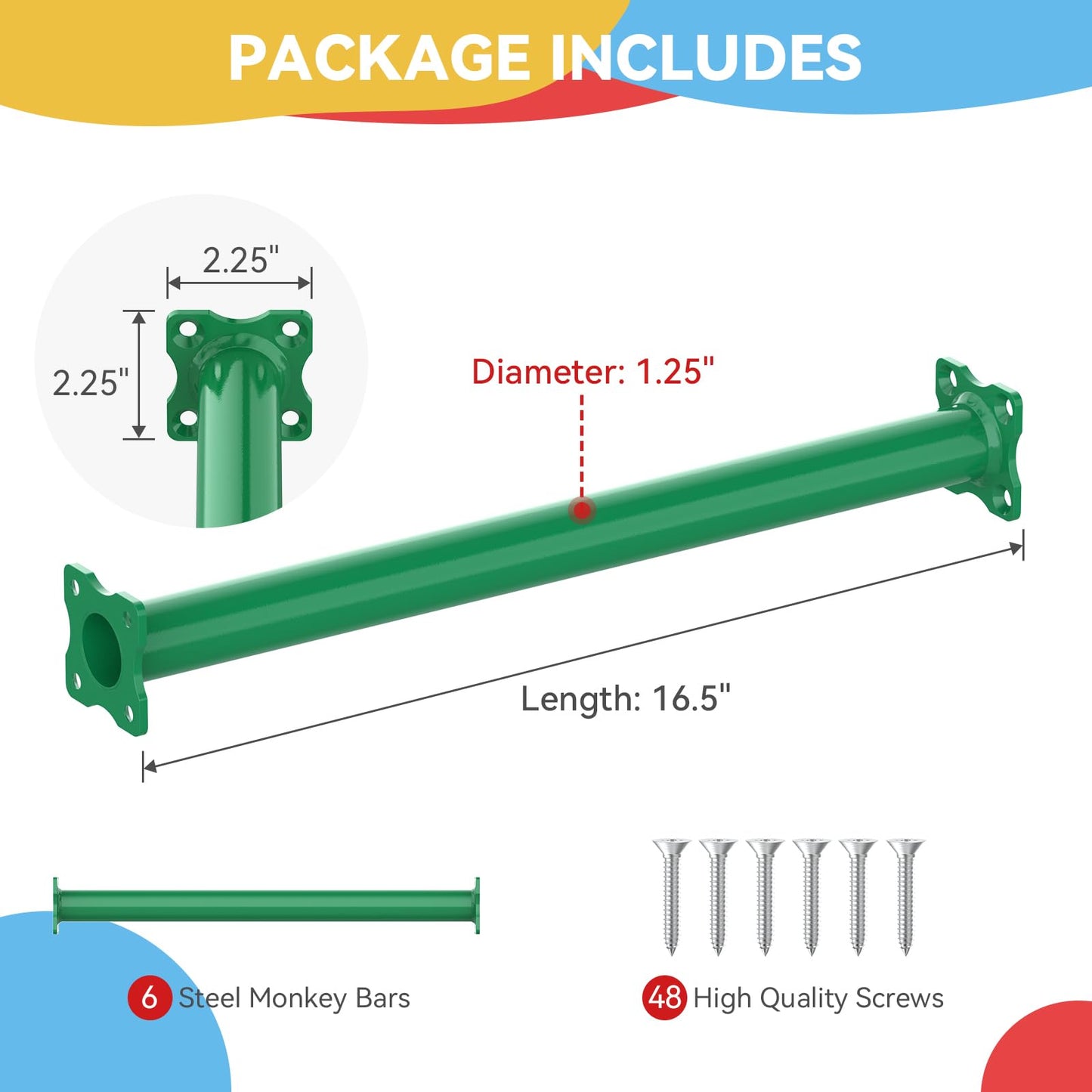 16.5 Inch Monkey Bars Kit Playground Ladder Rungs for Backyard Indoor Outdoor Kids Metal Monkey Bars Swing Set Playset Accessories (Green, 6 Pcs)