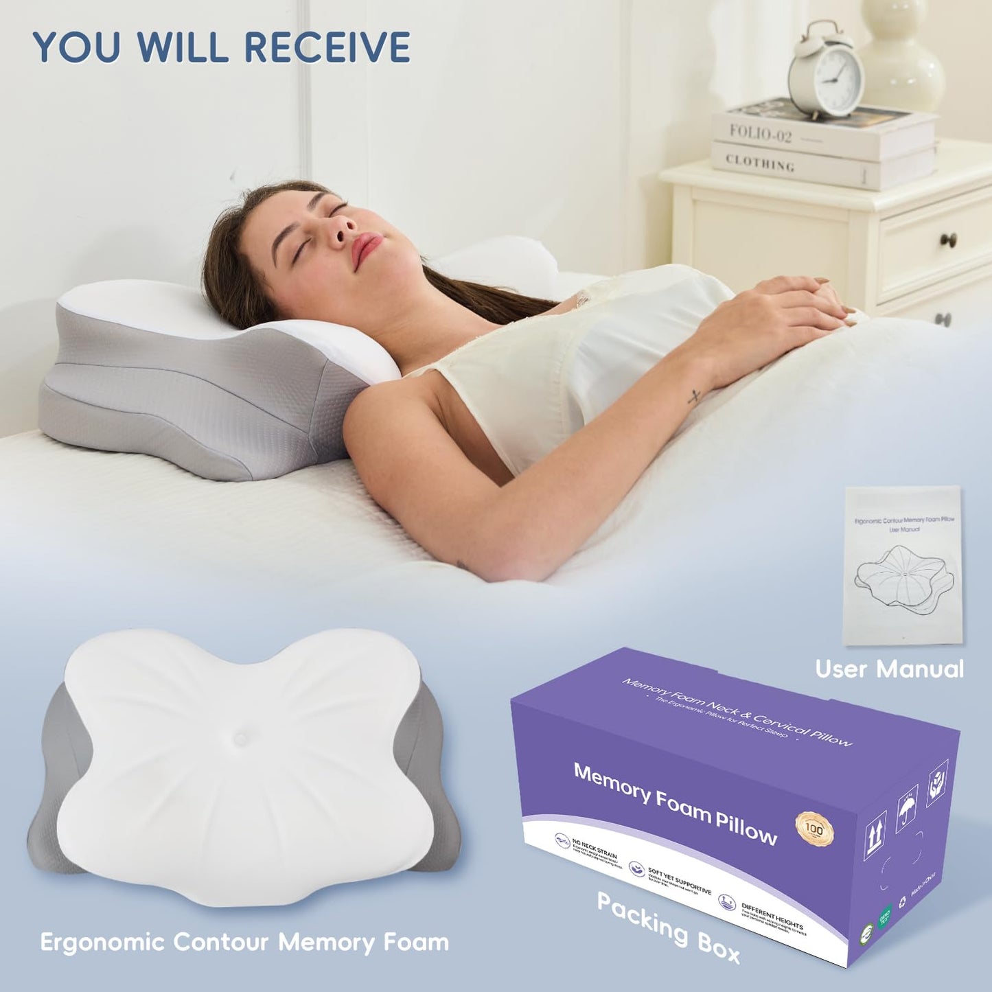 SNUGUP Ergonomic Cervical Neck Pillow, Memory Foam Neck Support Pillow with Contoured Design, Breathable Removable Pillowcase, for Side Back Stomach Sleepers, White
