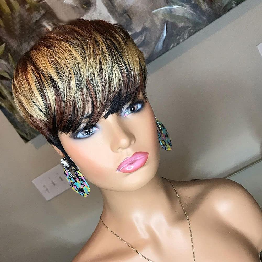 QiaQiaRing 1B/4/27 Pixie Cut Wigs for Black Women Brazilian Human Hair Short Wigs with Bangs Black Mixed Brown and Blonde 150% Density Glueless Wigs