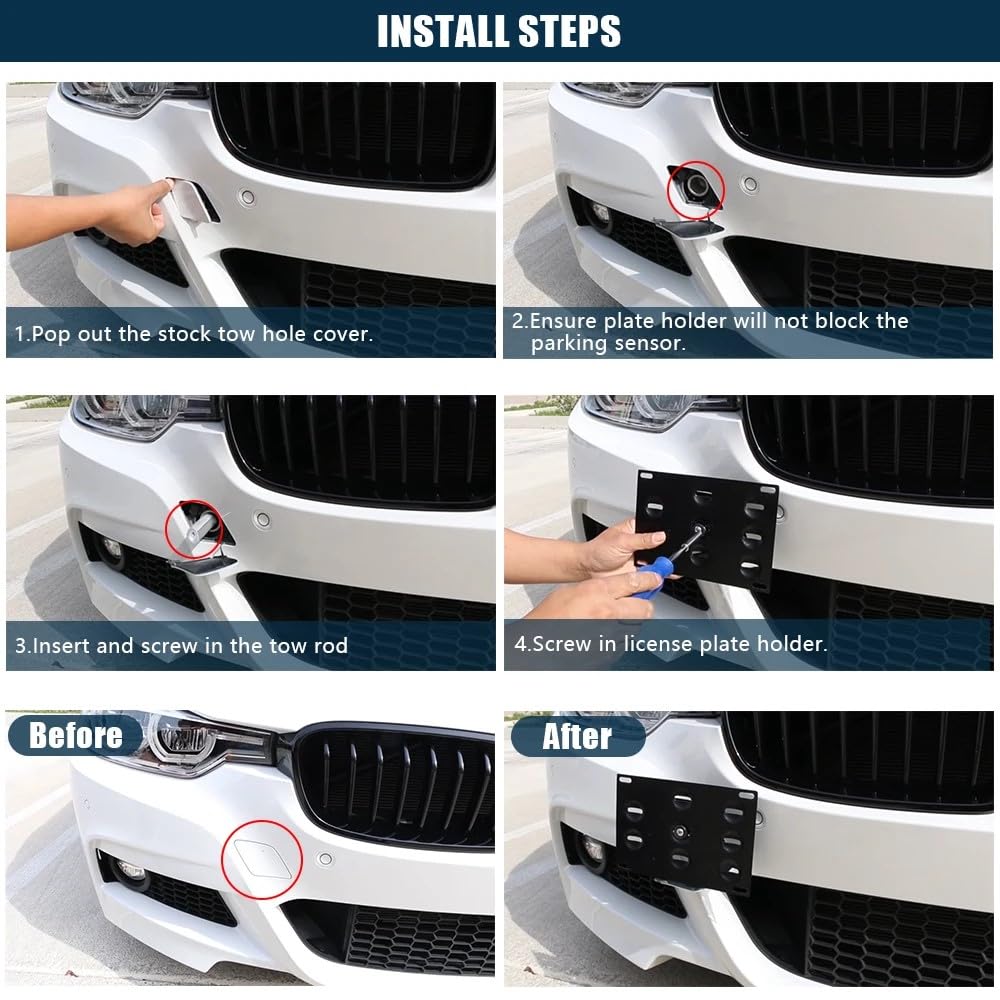 Drill-Free Front Tow Hook License Plate Frame for Volkswagen Golf GTI Jetta 05-10 Jetta Sportwagon 11-14 EOS for Audi TT MK2 Stainless Steel Relocator Holder Front Bumper Frame
