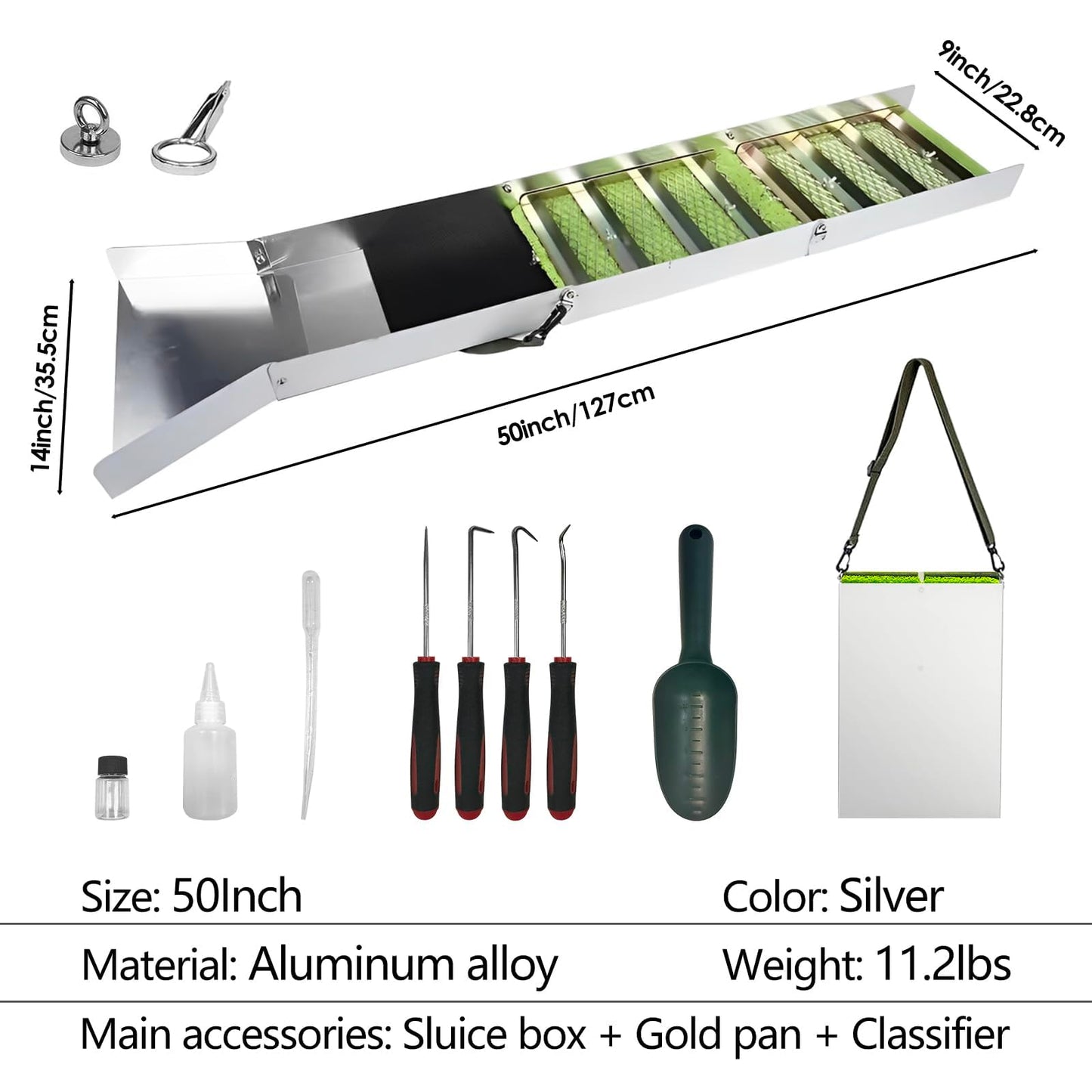50" Complete Sluice Box Gold Panning Kit, 19pcs Folding Aluminum Alloy Gold Mining Kit, Gold Prospecting Equipment with Gold Pan, Classifier Screen and More, Lightweight Sluice Boxes for Gold Mining