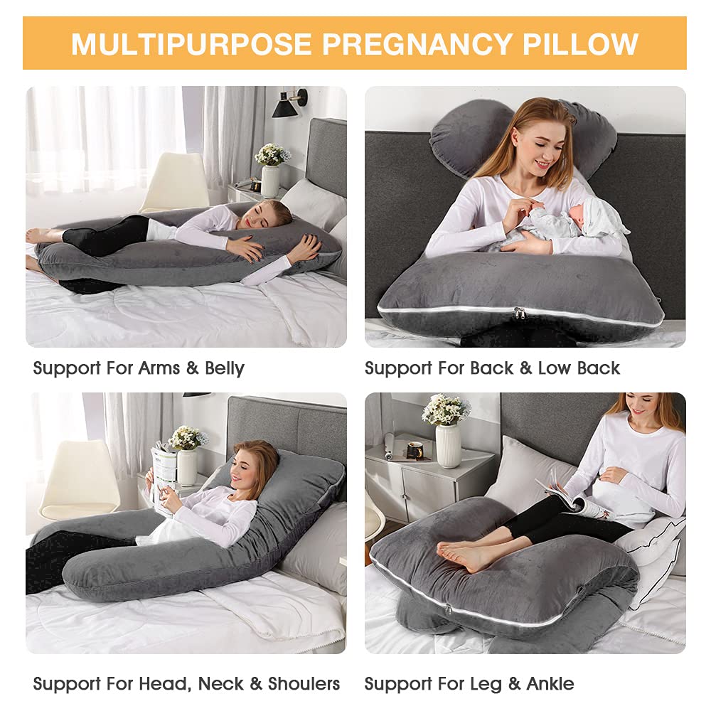 Chilling Home 59 Inch Pregnancy Pillow for Sleeping, Maternity Pillow for Pregnant Women, Full Body Pillow for Adults, Comfort U Shaped Pregnancy Pillow with Removable Washable Velvet Cover, Dark Grey