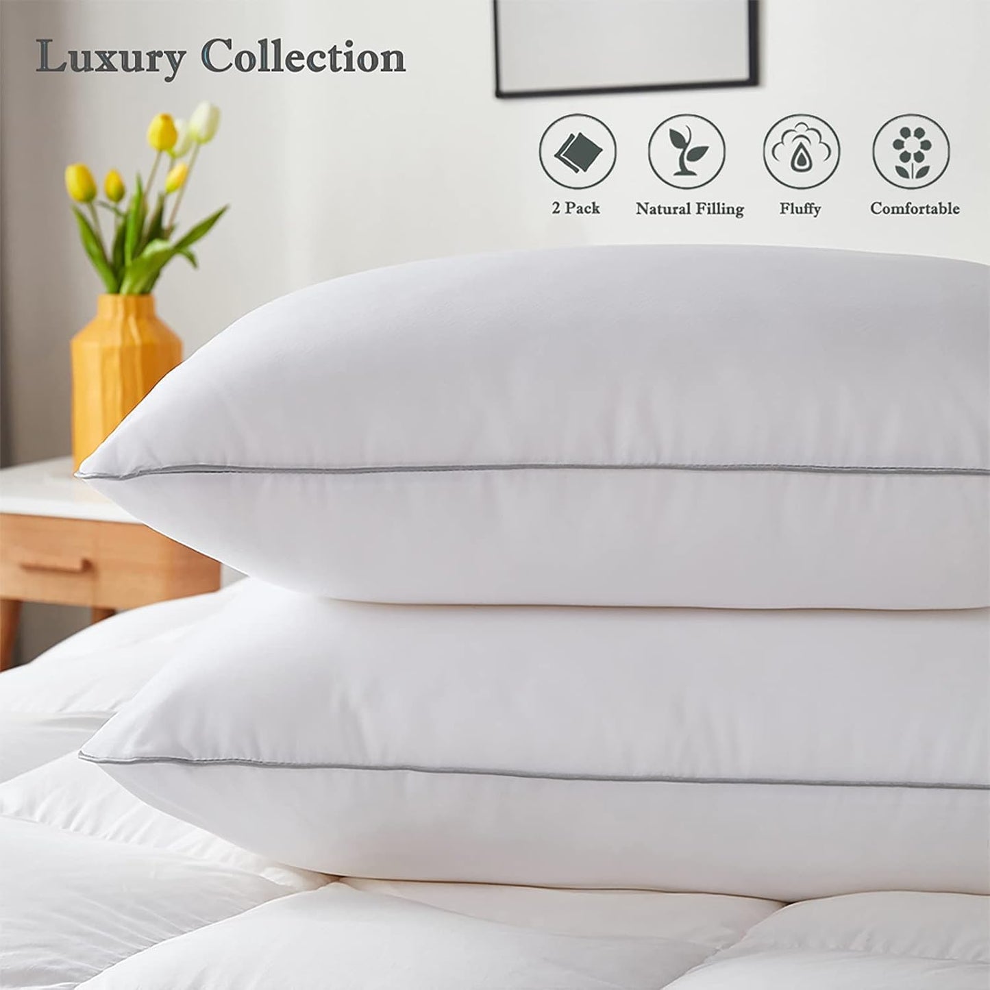 Wamsound Bed Pillows for Sleeping 4 Pack Standard Size - Luxury Quality Hotel Collection Pillows with Premium Plush Fiber - Soft Gel Pillows for Stomach Back & Side Sleepers