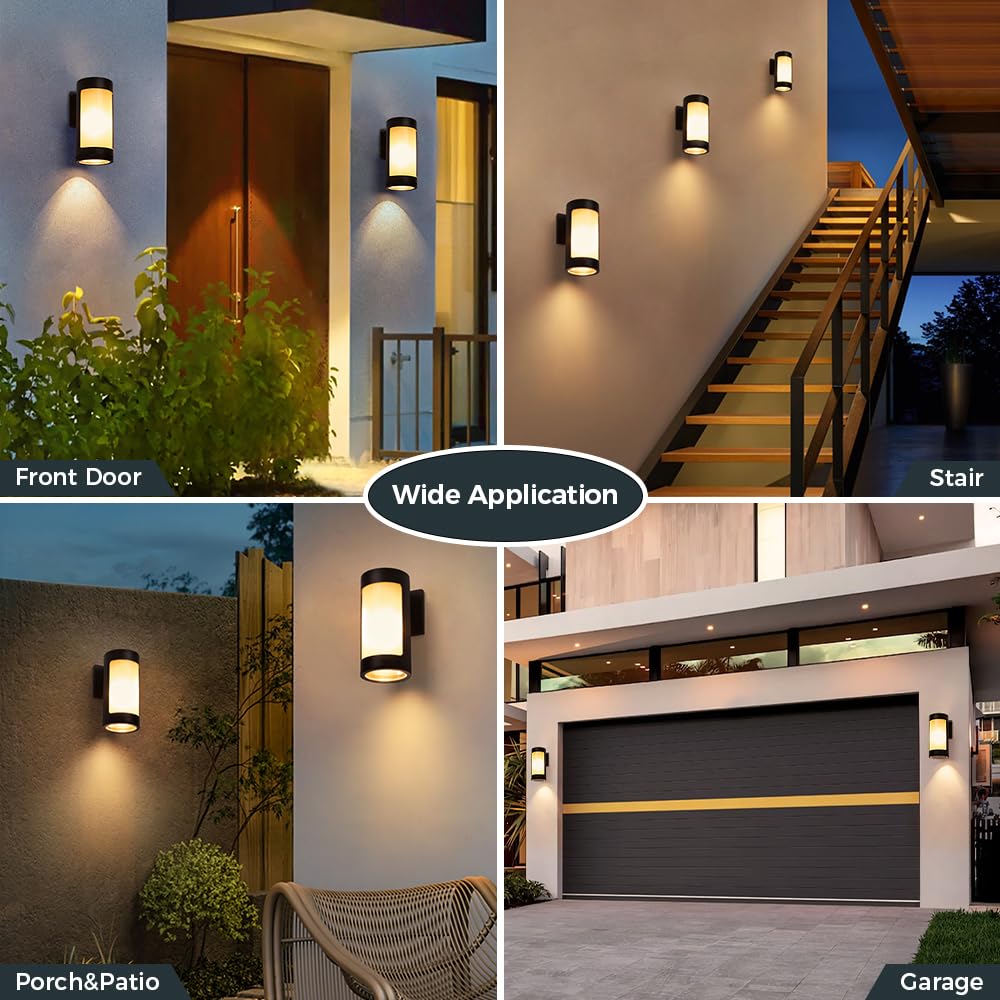 Cerdeco Black Outdoor Wall Lights,Cylinder Stainless Steel Porch Light with Frosted Glass,Modern Outdoor Wall Sconces,2 Pack