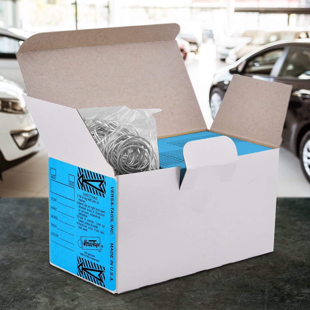 BLUE - Genuine Versa-Tag Blue Key Tags, Self-Protecting (250 tags per box with "Chrome" plated steel rings)